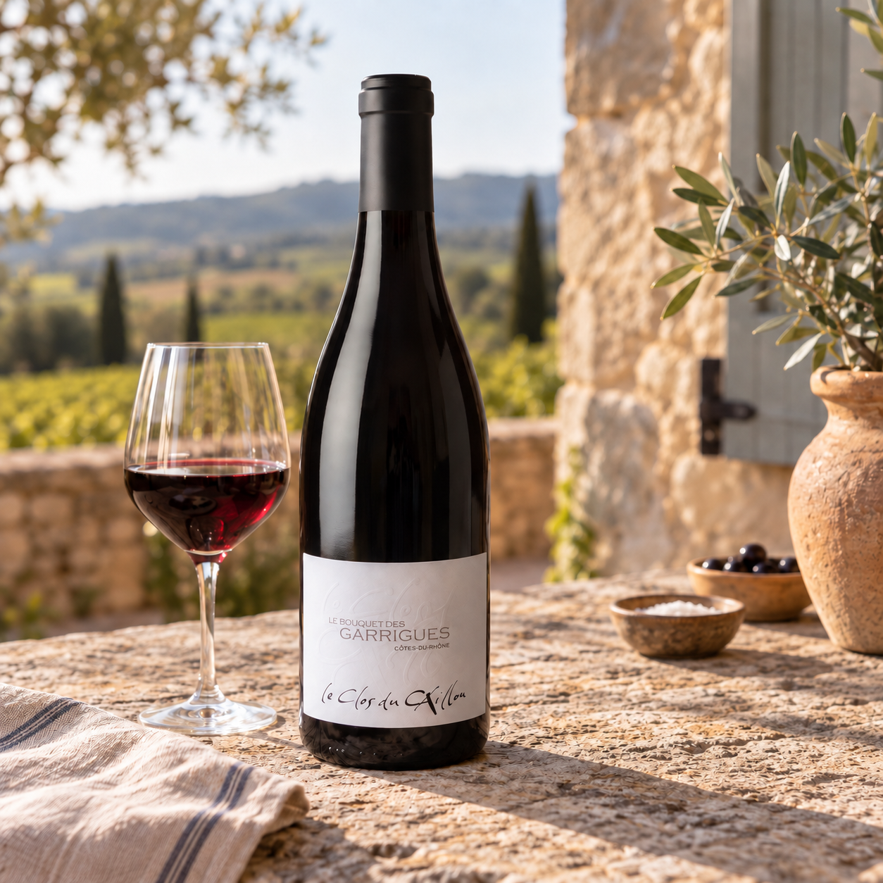Le Clos du Caillou on a natural Southern Rhône terrace with a glass of red wine
