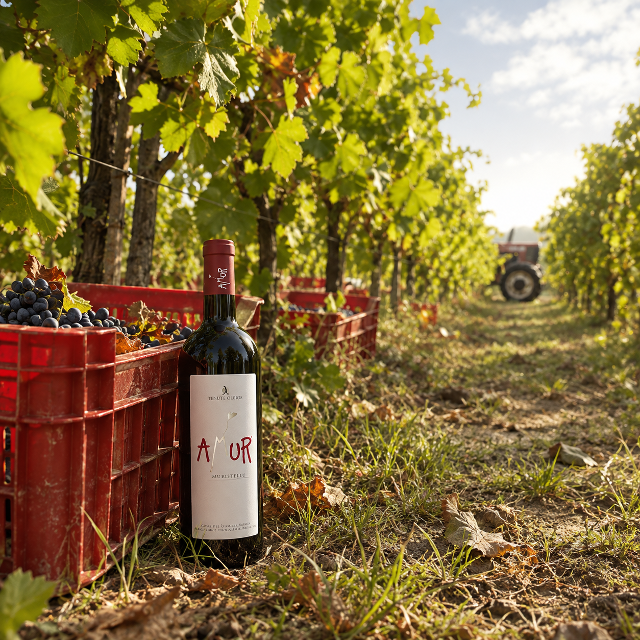 Tenute Olbios Amur Muristellu beside grape crates during harvest in Sardinia