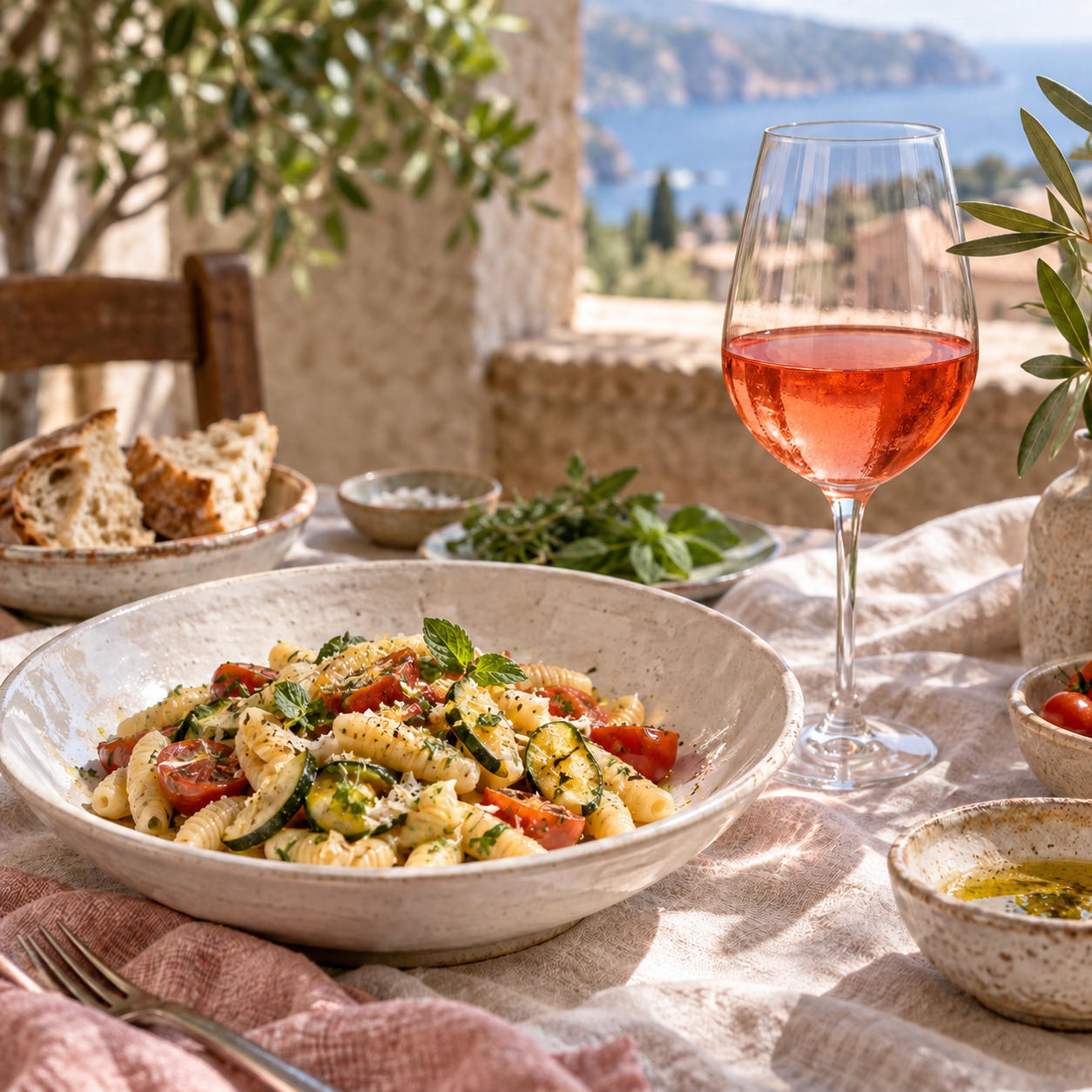 Coral Anemone rosato served with light vegetable pasta