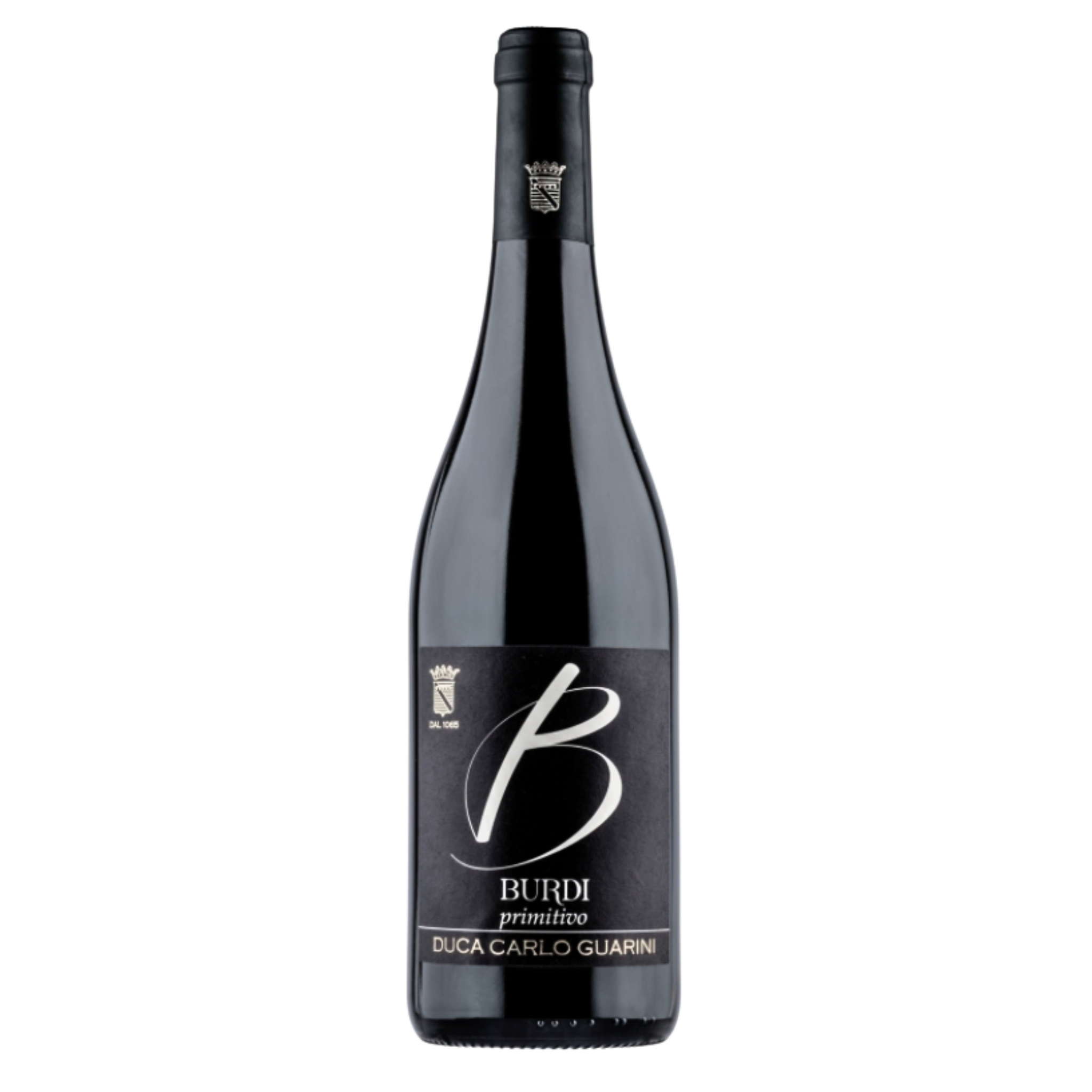 Duca Carlo Guarini Burdi Primitivo bottle and original black label
