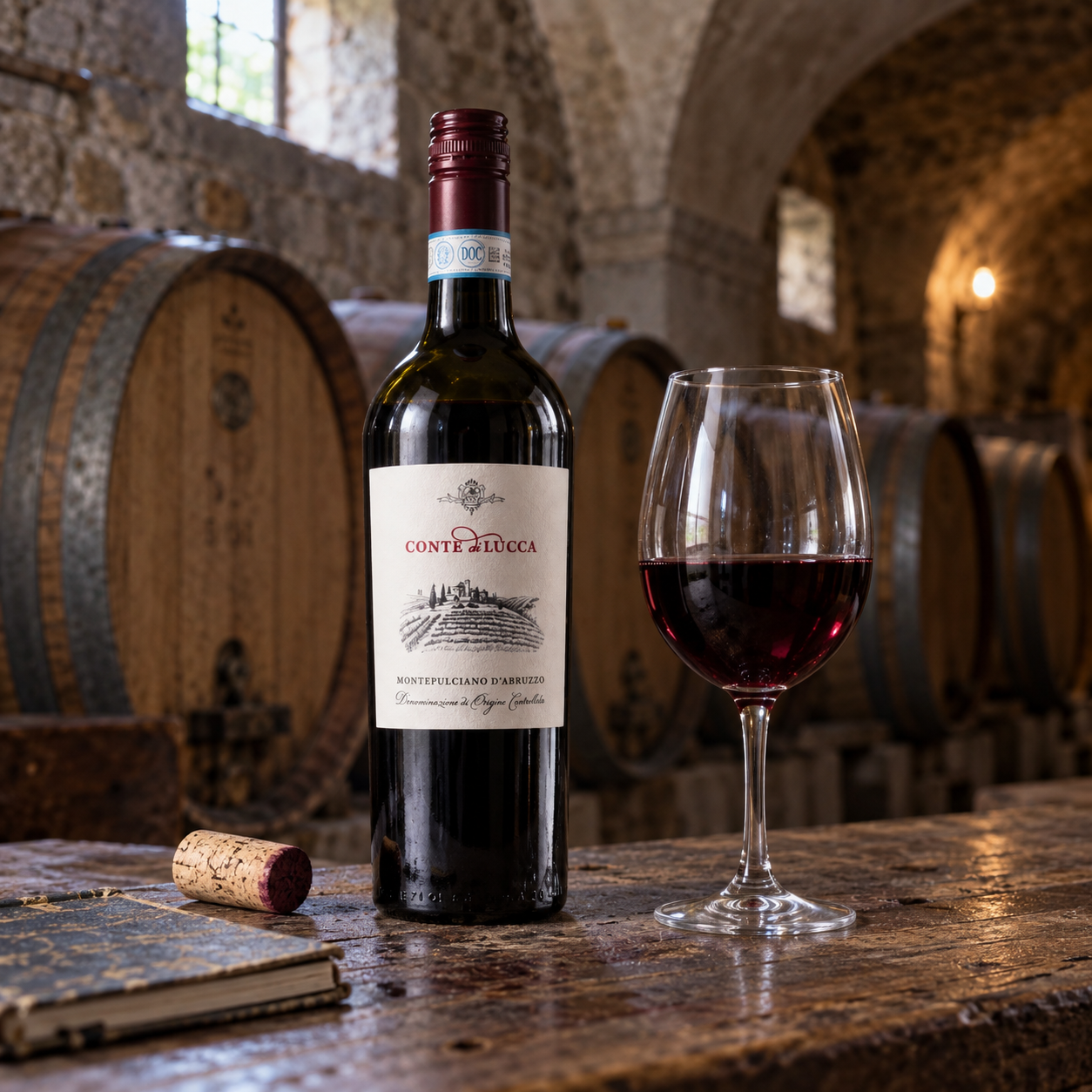 Conte di Lucca Montepulciano d'Abruzzo bottle and red wine in a stone cellar