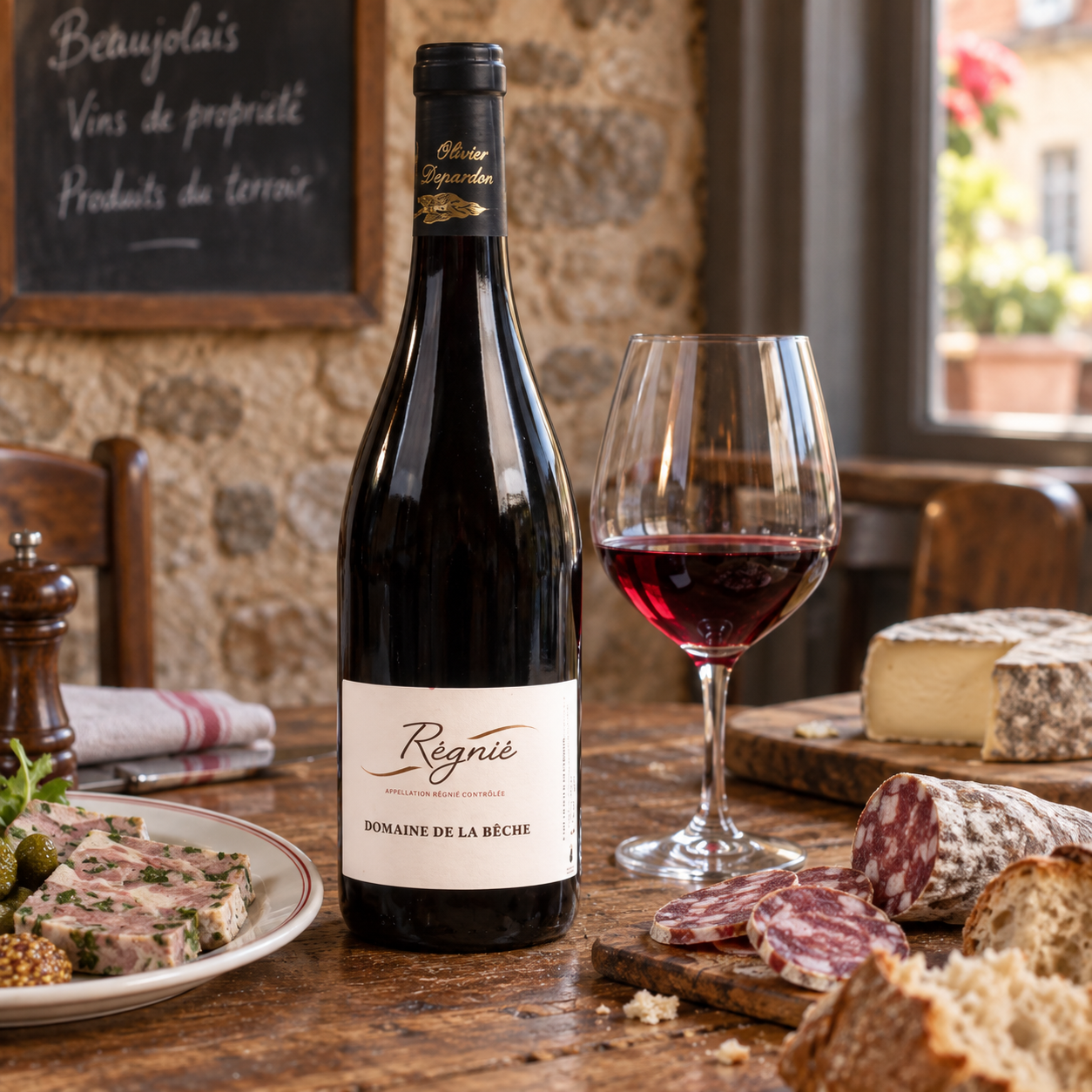 Domaine de la Bêche Régnié on a French bistro table