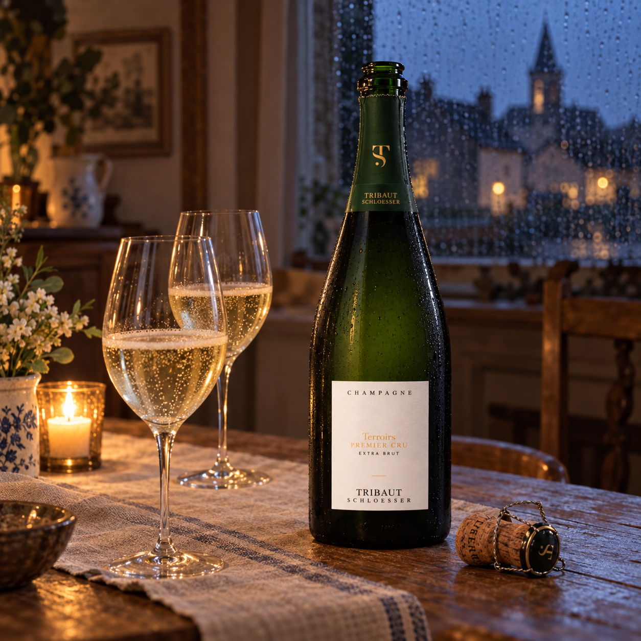 Opened Tribaut-Schloesser bottle and Champagne glasses on a rainy evening