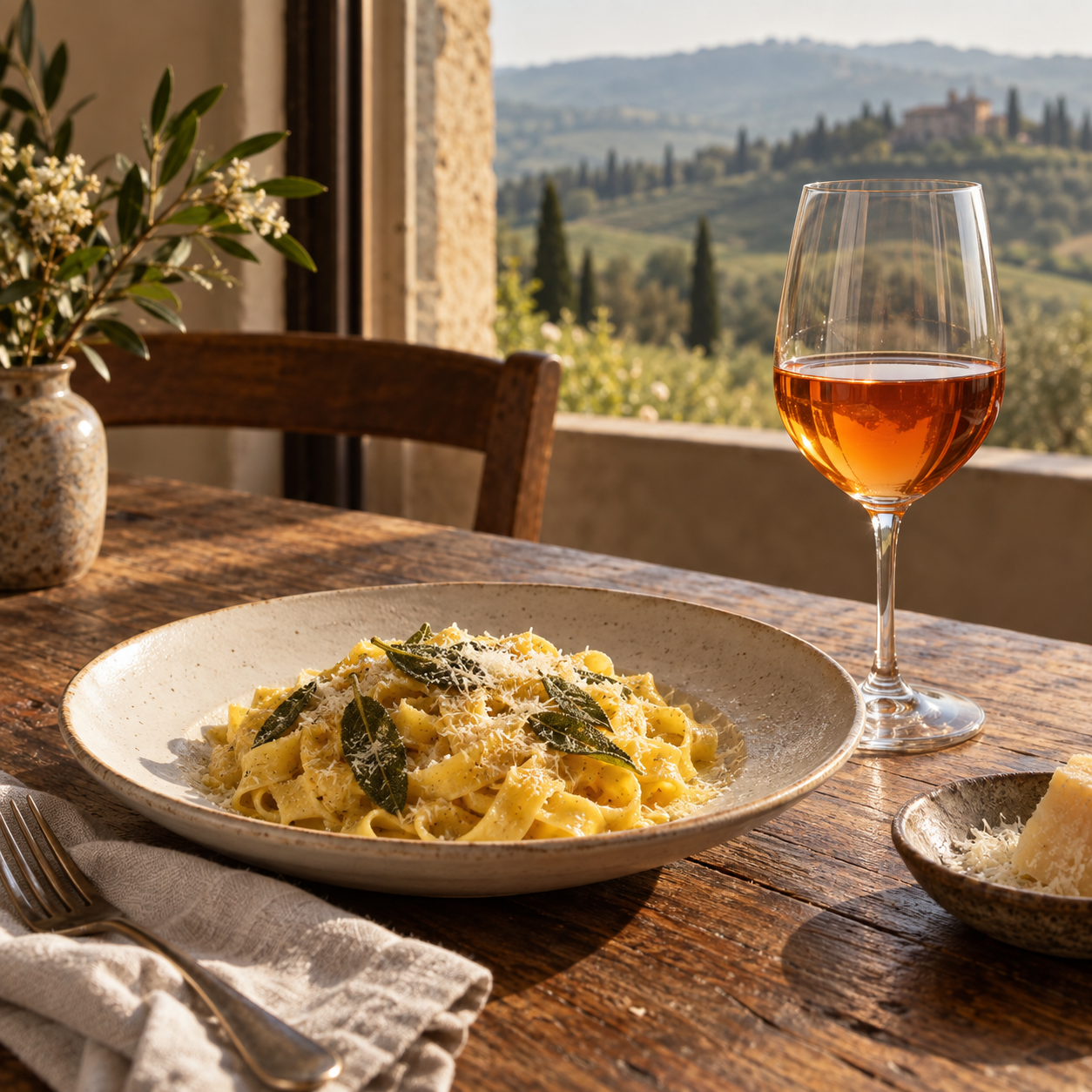 Deep amber Vej Malvasia served with sage pasta and Parmigiano