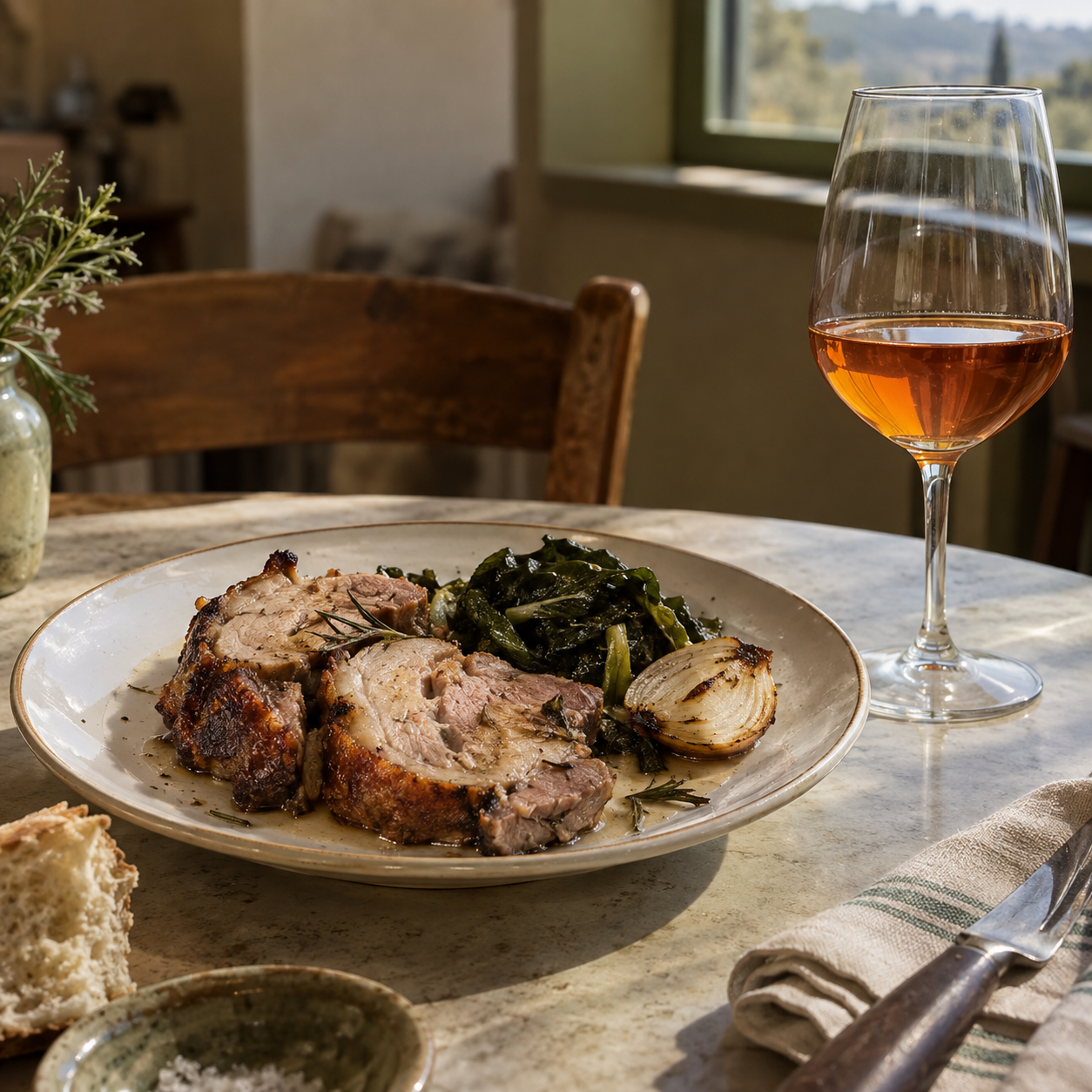 Deep amber Vej Malvasia served with rustic herb-roasted pork