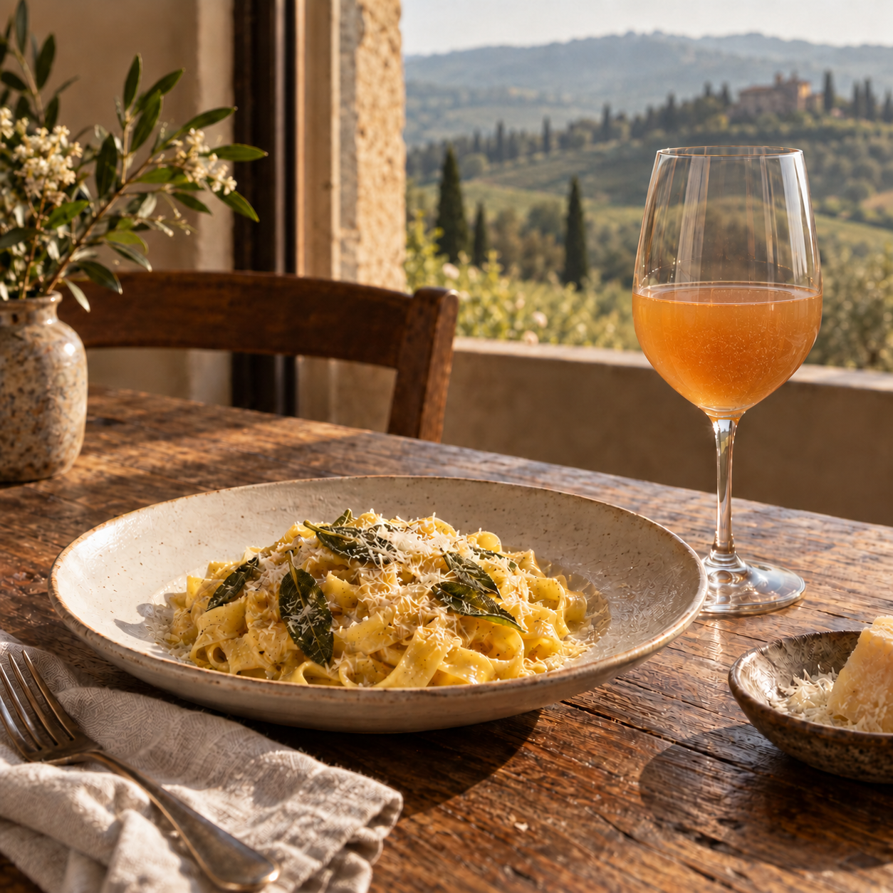 Cloudy deep amber VEJ Malvasia served with sage pasta and Parmigiano