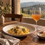 Cloudy deep amber VEJ Malvasia served with sage pasta and Parmigiano