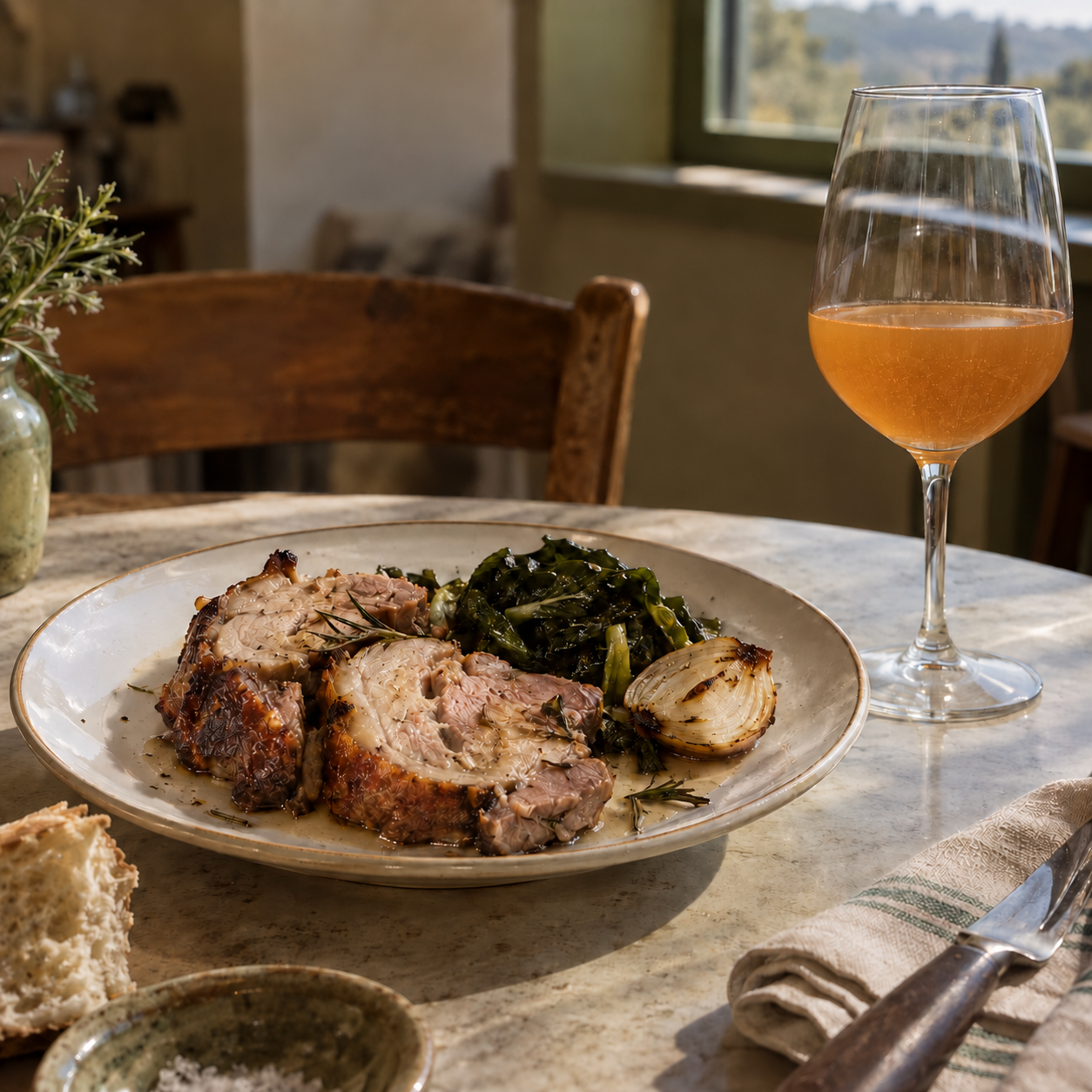 Cloudy deep amber VEJ Malvasia served with herb roasted pork