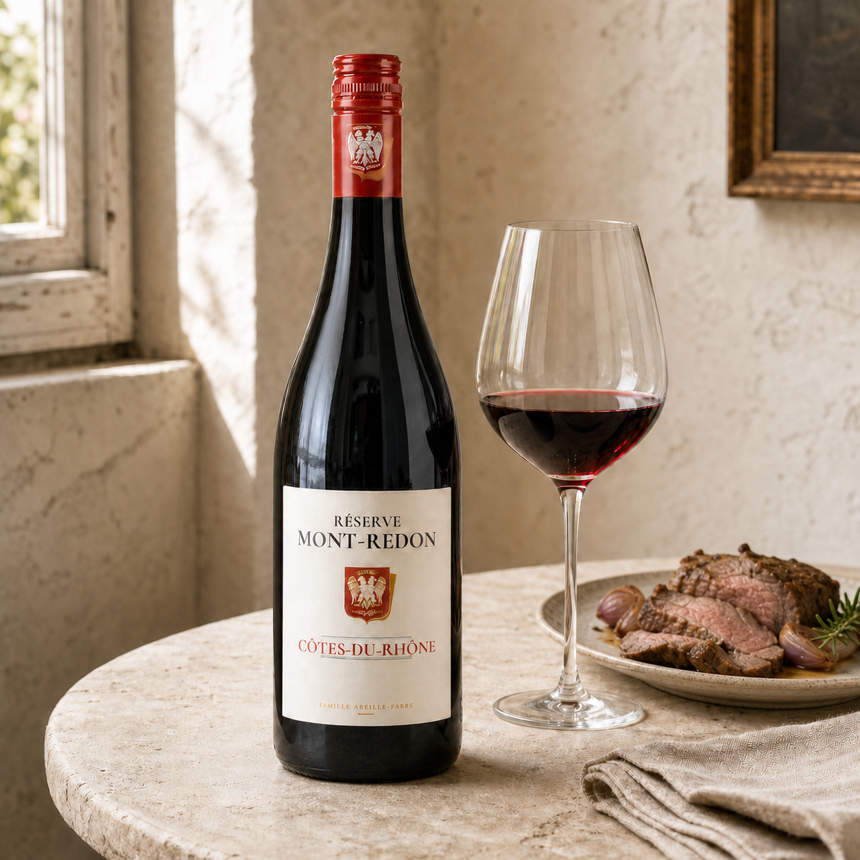 Mont Redon red wine bottle and glass