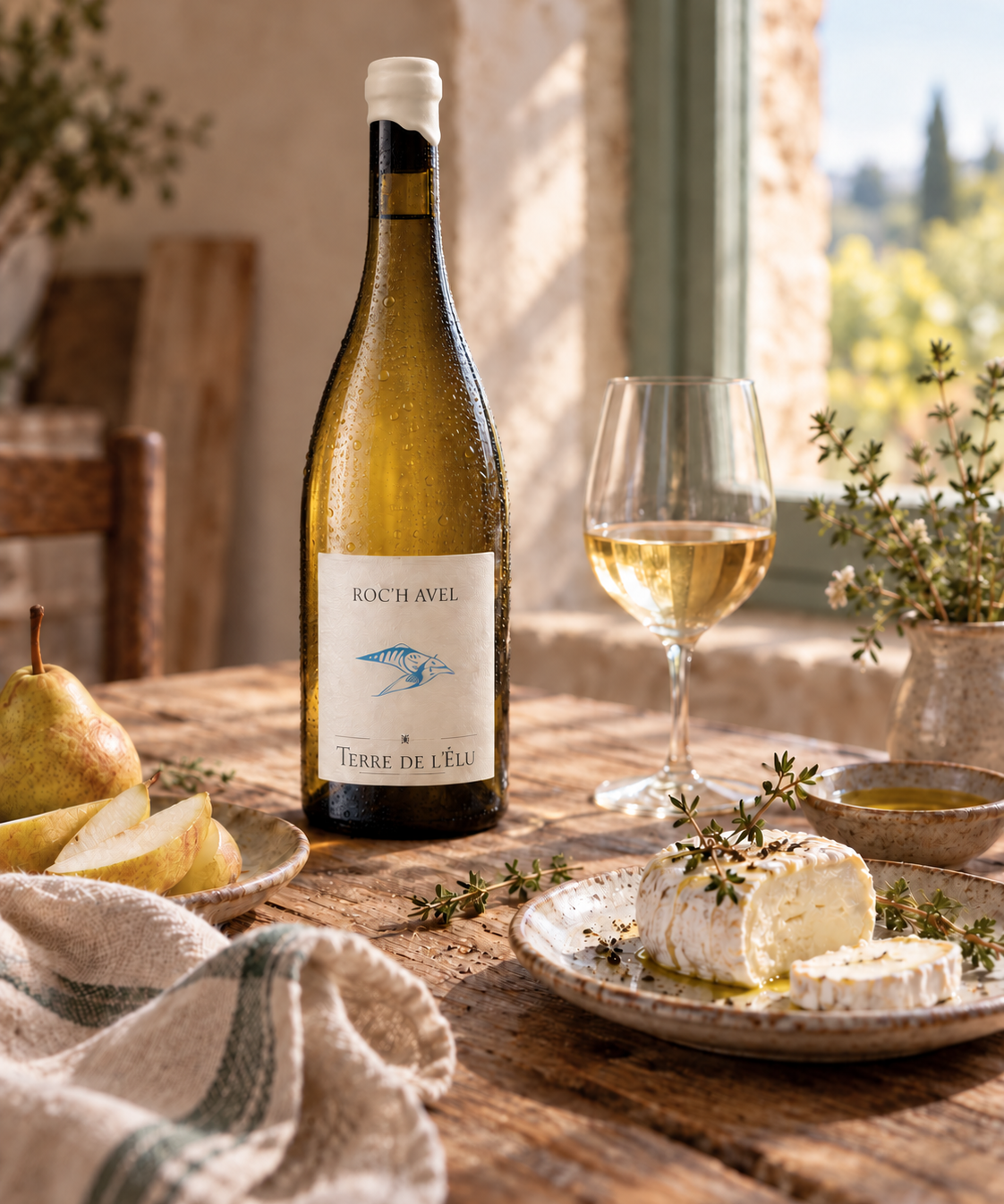 Terre de l’Élu Roc’h Avel 2025 with fresh goat’s cheese, pear and herbs