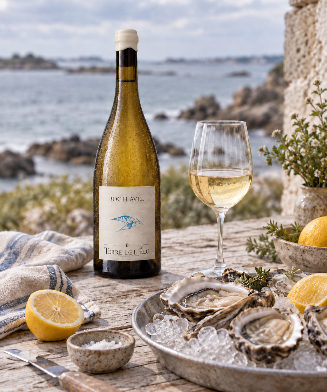 Chilled Terre de l’Élu Roc’h Avel 2025 with oysters by the sea
