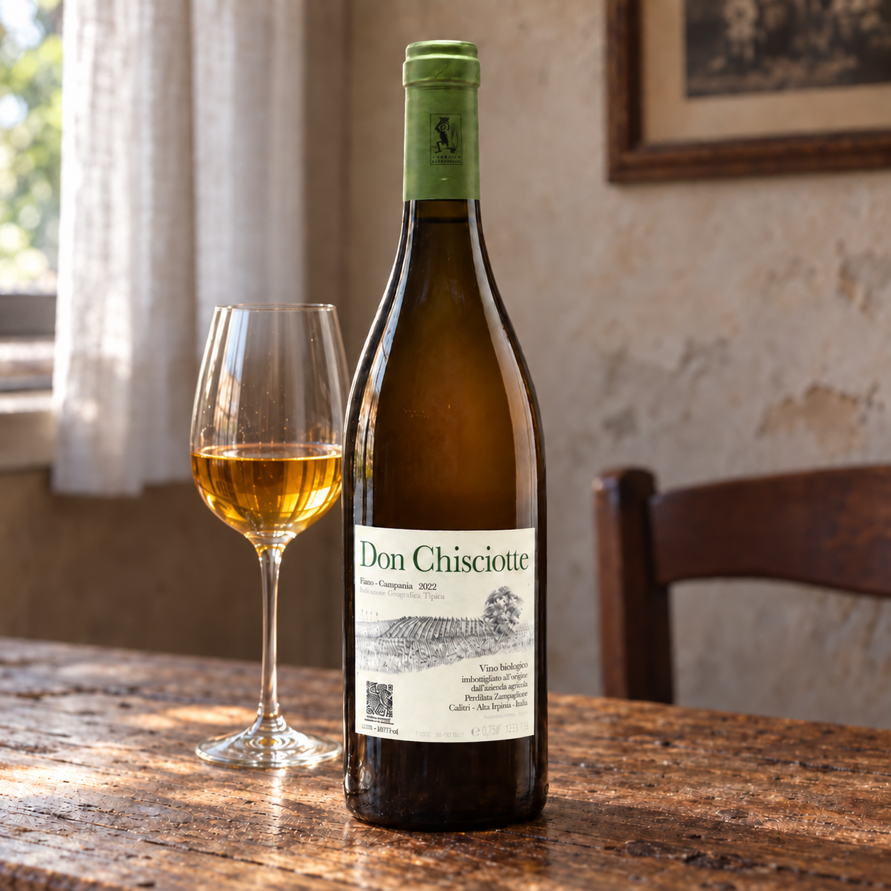 Don Chisciotte Fiano in a quiet Italian restaurant with a normal wine glass