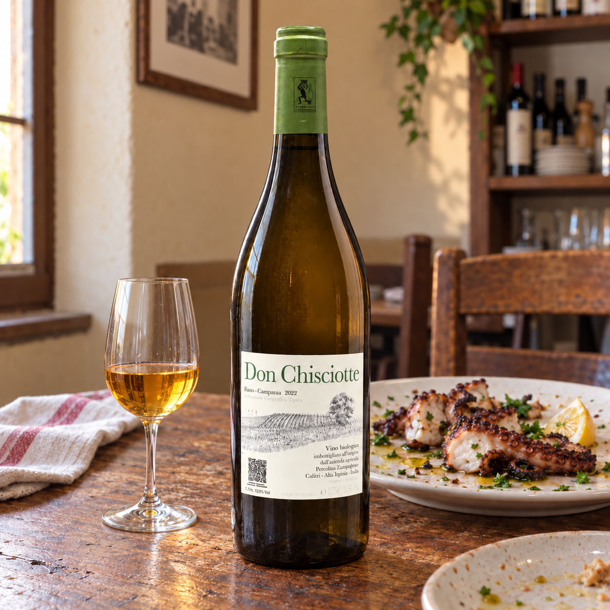 Don Chisciotte Fiano with naturally served grilled octopus and clear glass