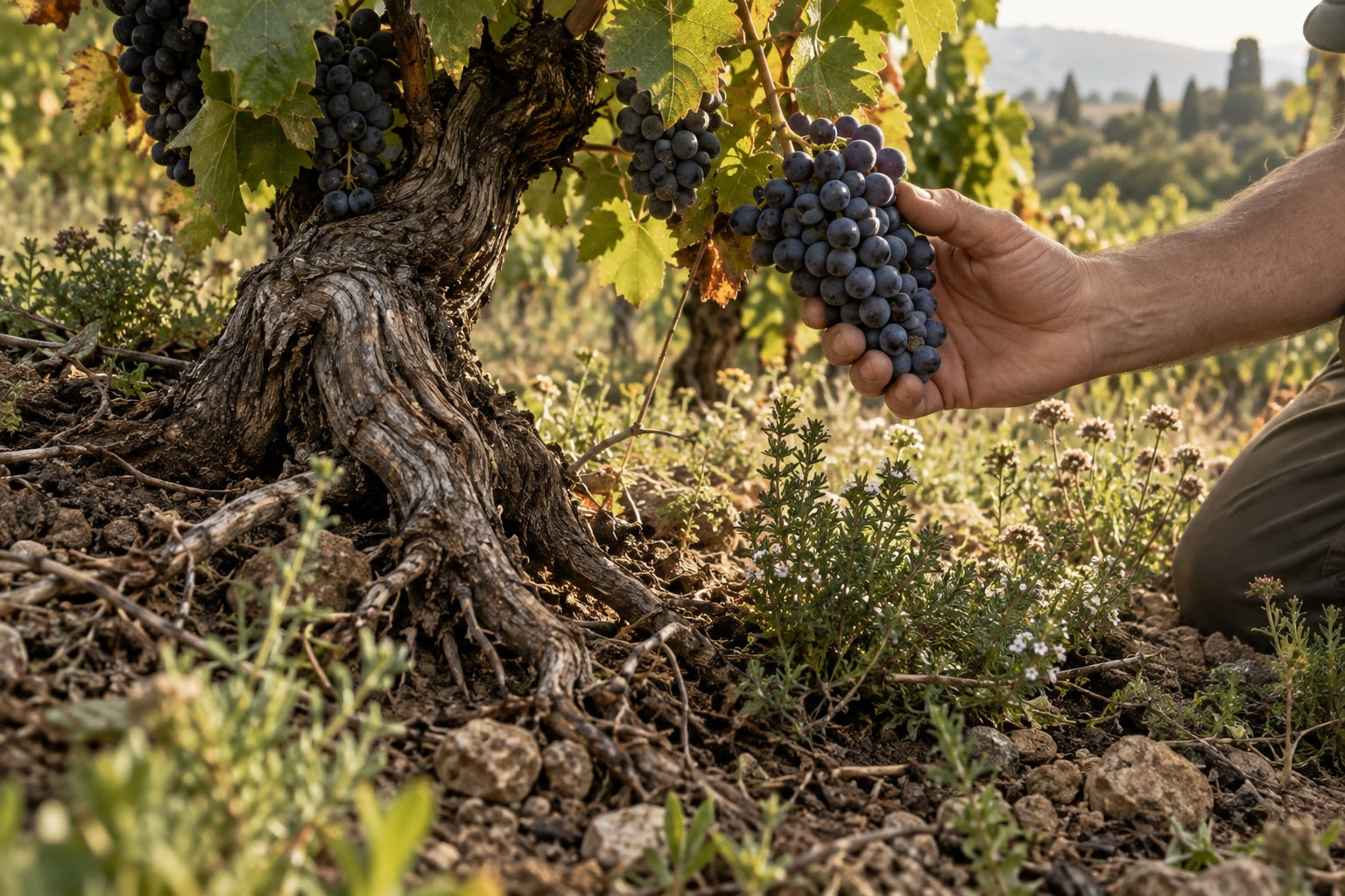 Old grapevine, healthy soil and grapes growing among natural ground cover