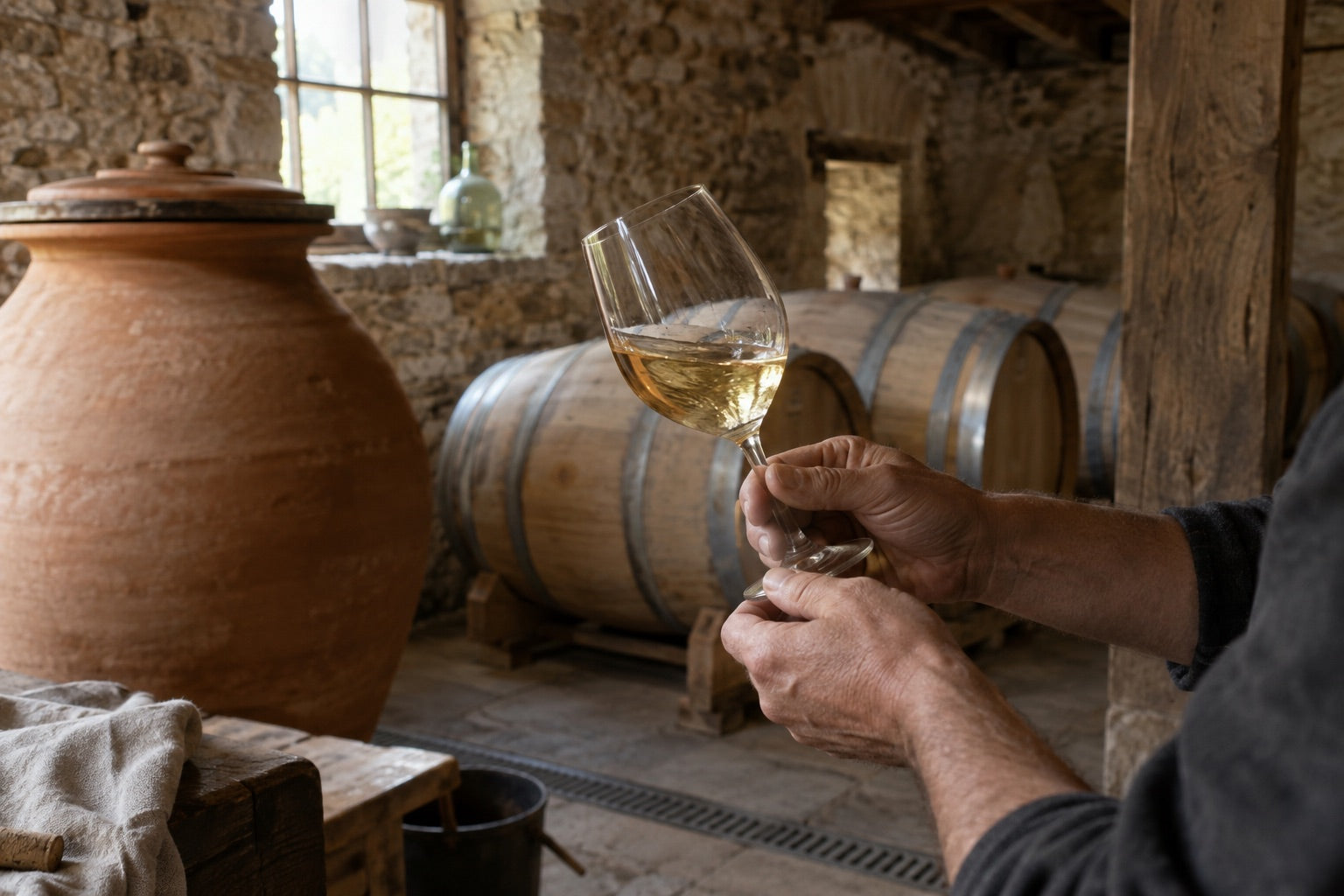 Winemaker tasting wine beside clay amphora and oak barrels in a small cellar