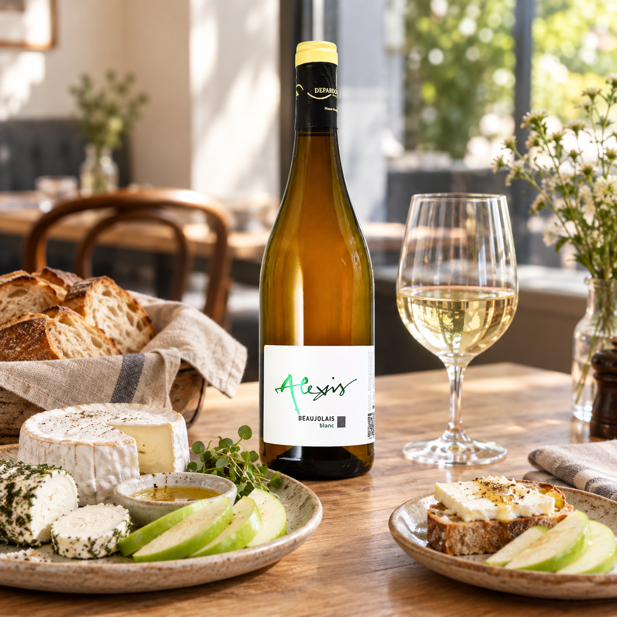 Domaine Depardon Alexis Beaujolais Chardonnay with Comté and pear