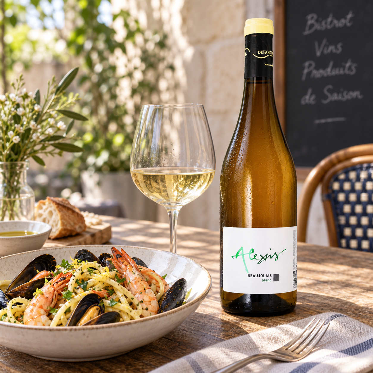 Domaine Depardon Alexis Beaujolais Chardonnay with seafood pasta