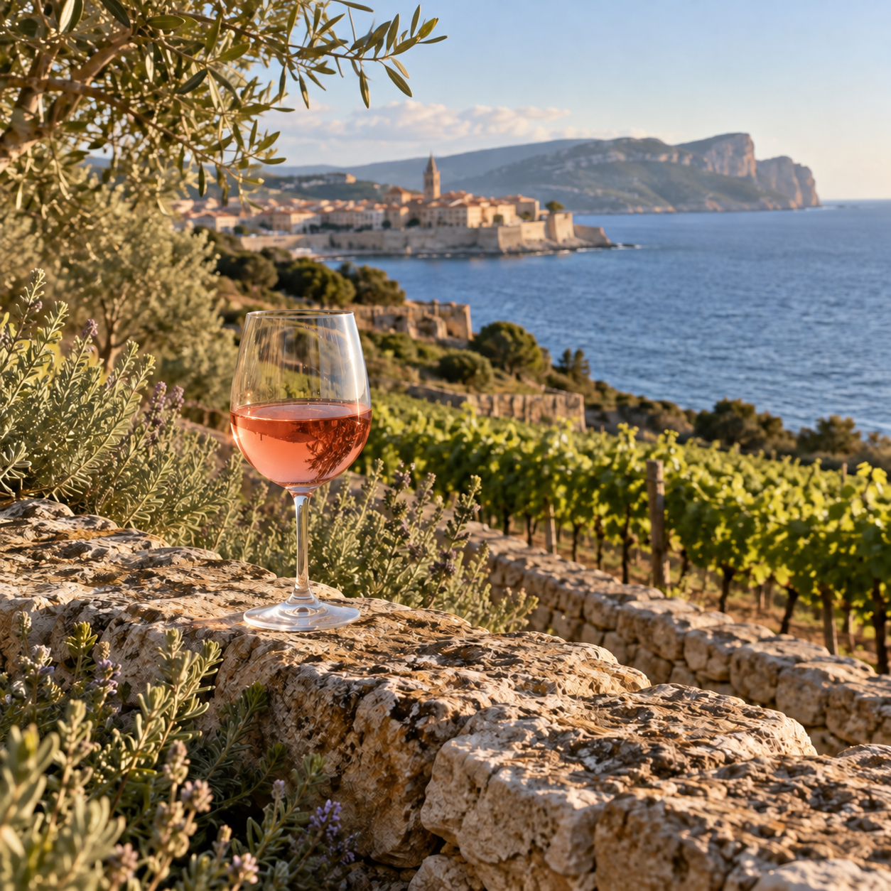 A glass of coral rosato overlooking the coast and vineyards of Alghero