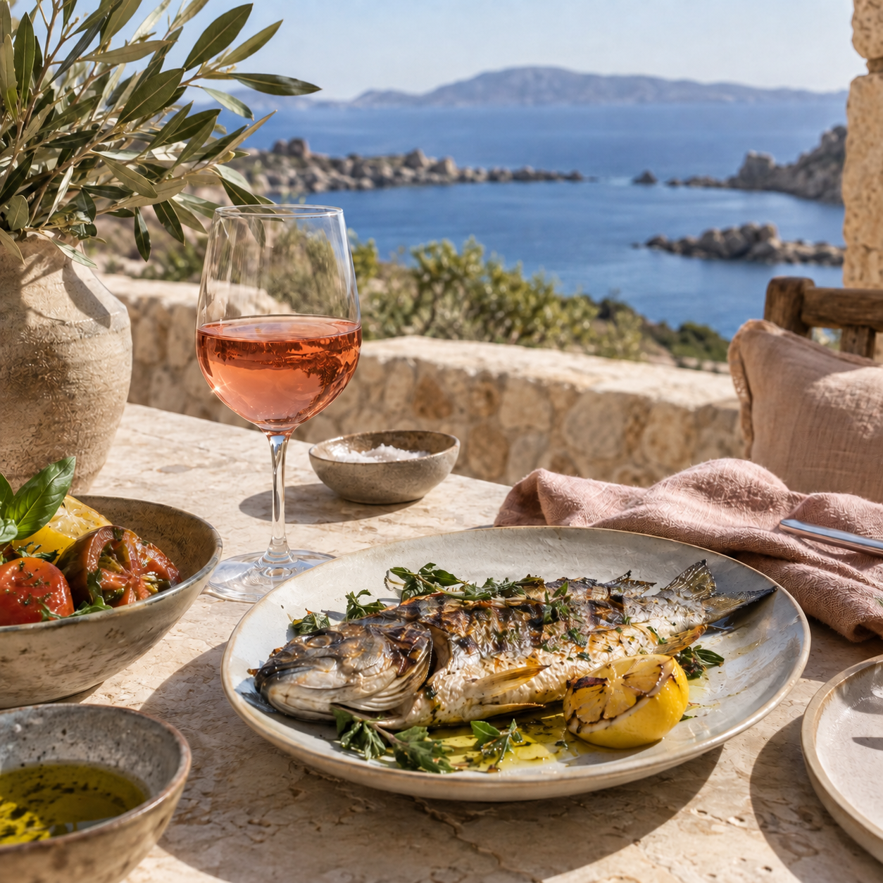 Coral Anemone rosato served with grilled Mediterranean fish