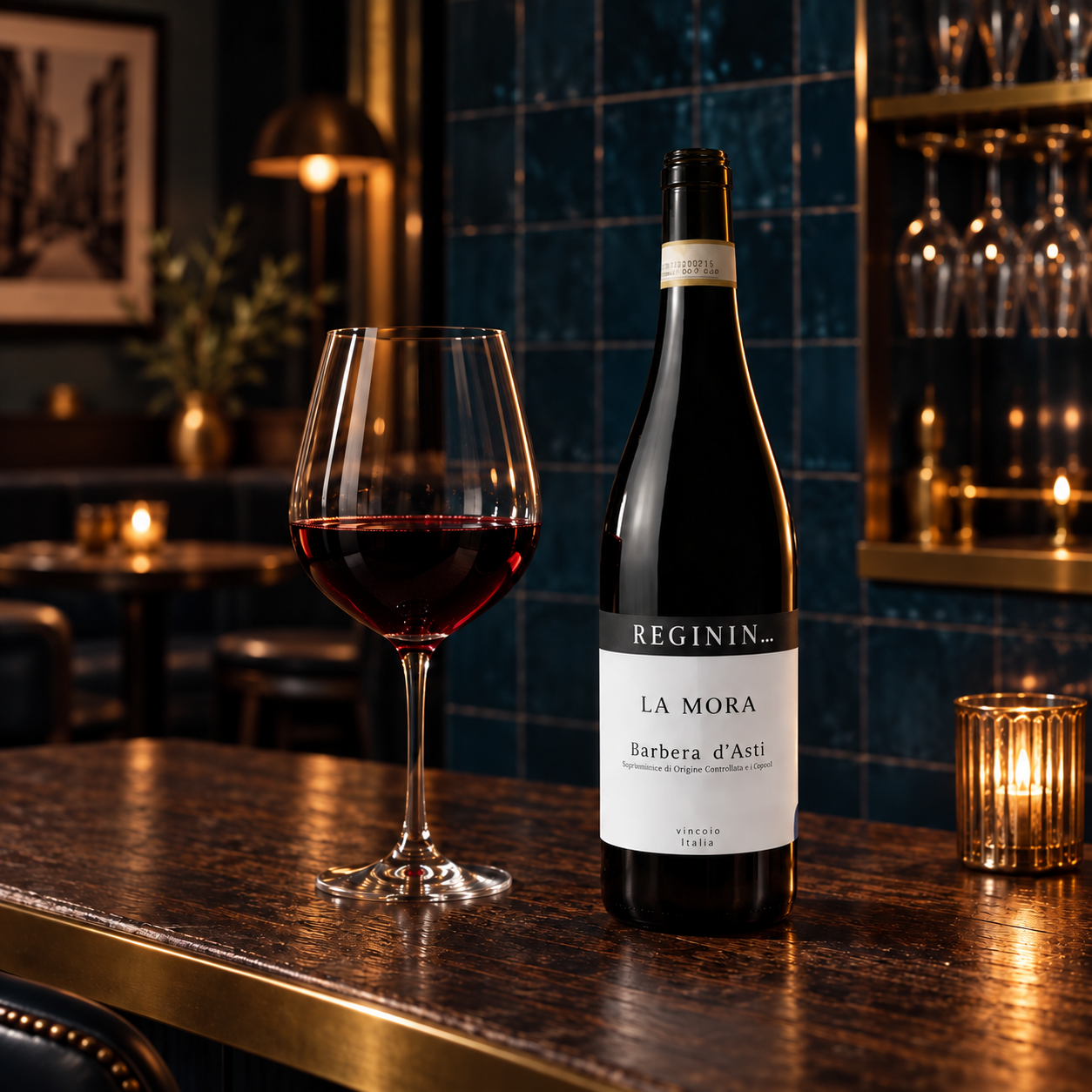 Open La Mora Barbera d'Asti bottle with a dark ruby glass in a contemporary wine bar