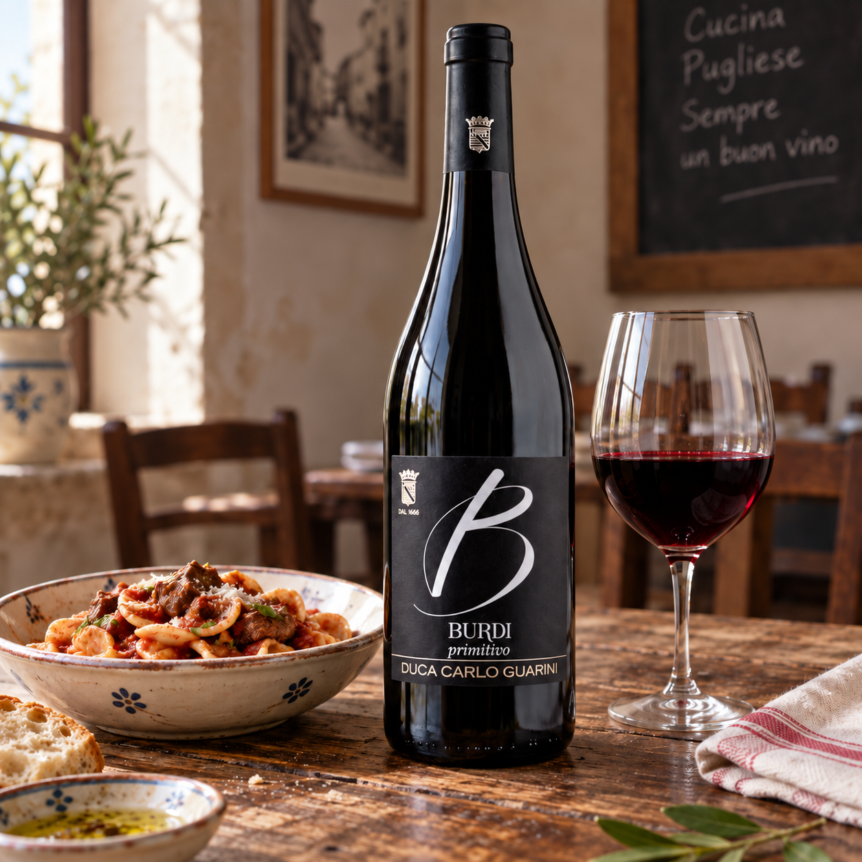 Duca Carlo Guarini Burdi Primitivo with orecchiette and dark red wine
