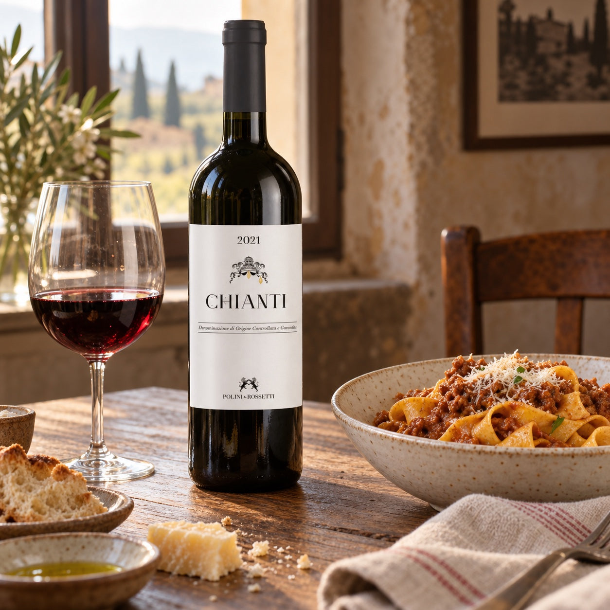 Polini and Rossetti Chianti with tomato pasta