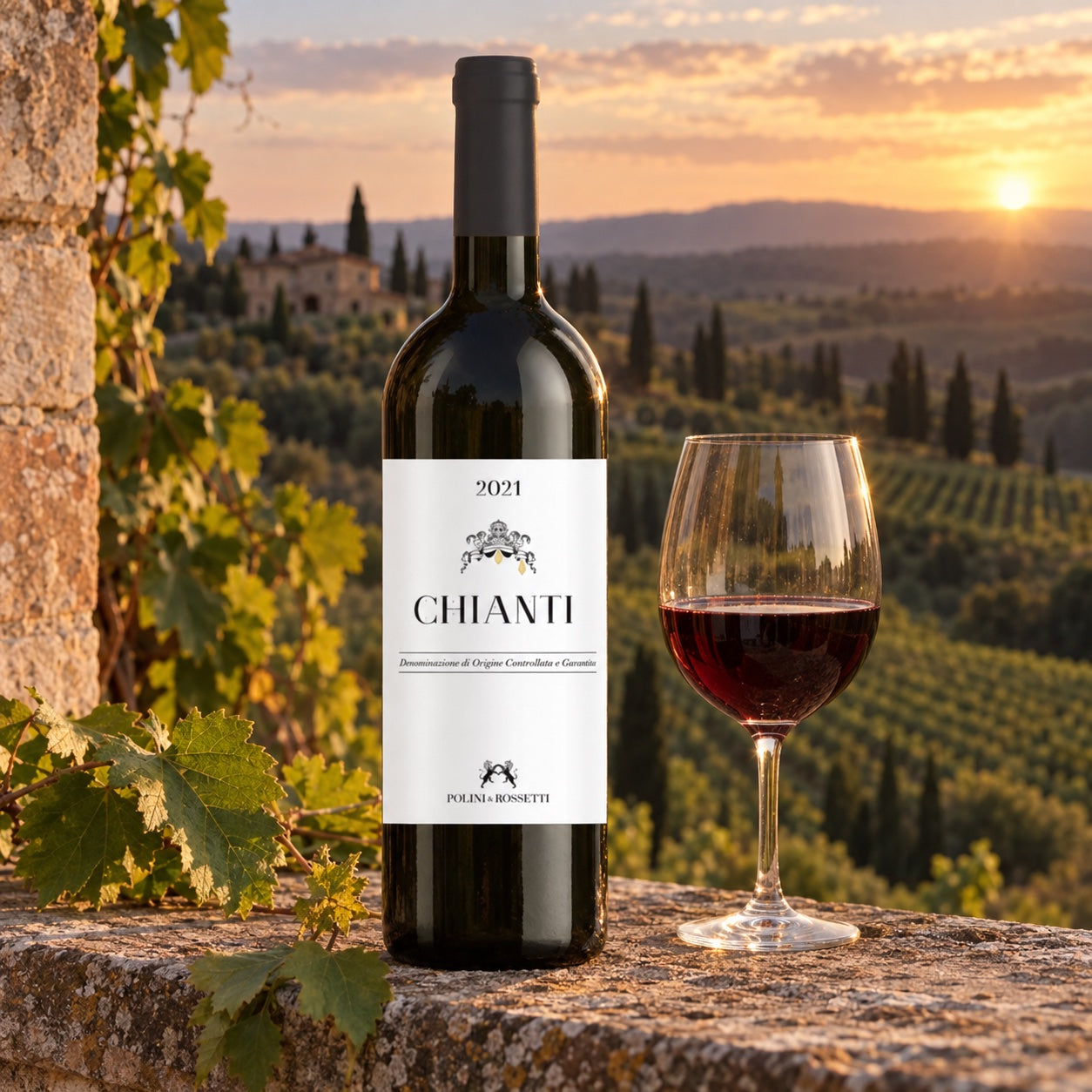 Polini and Rossetti Chianti in a Tuscan vineyard