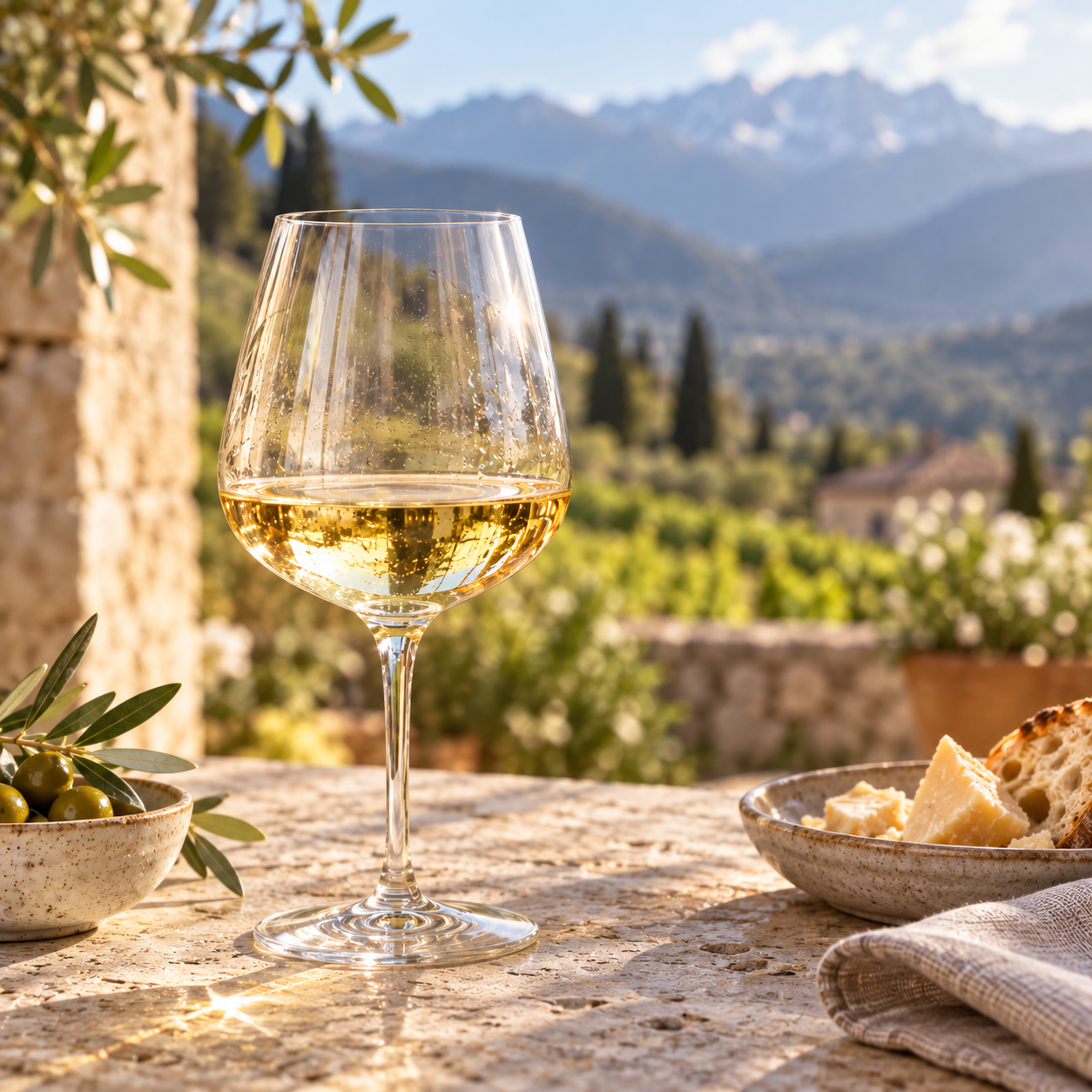 A wide-bowled glass of Chardonnay in Alto Adige