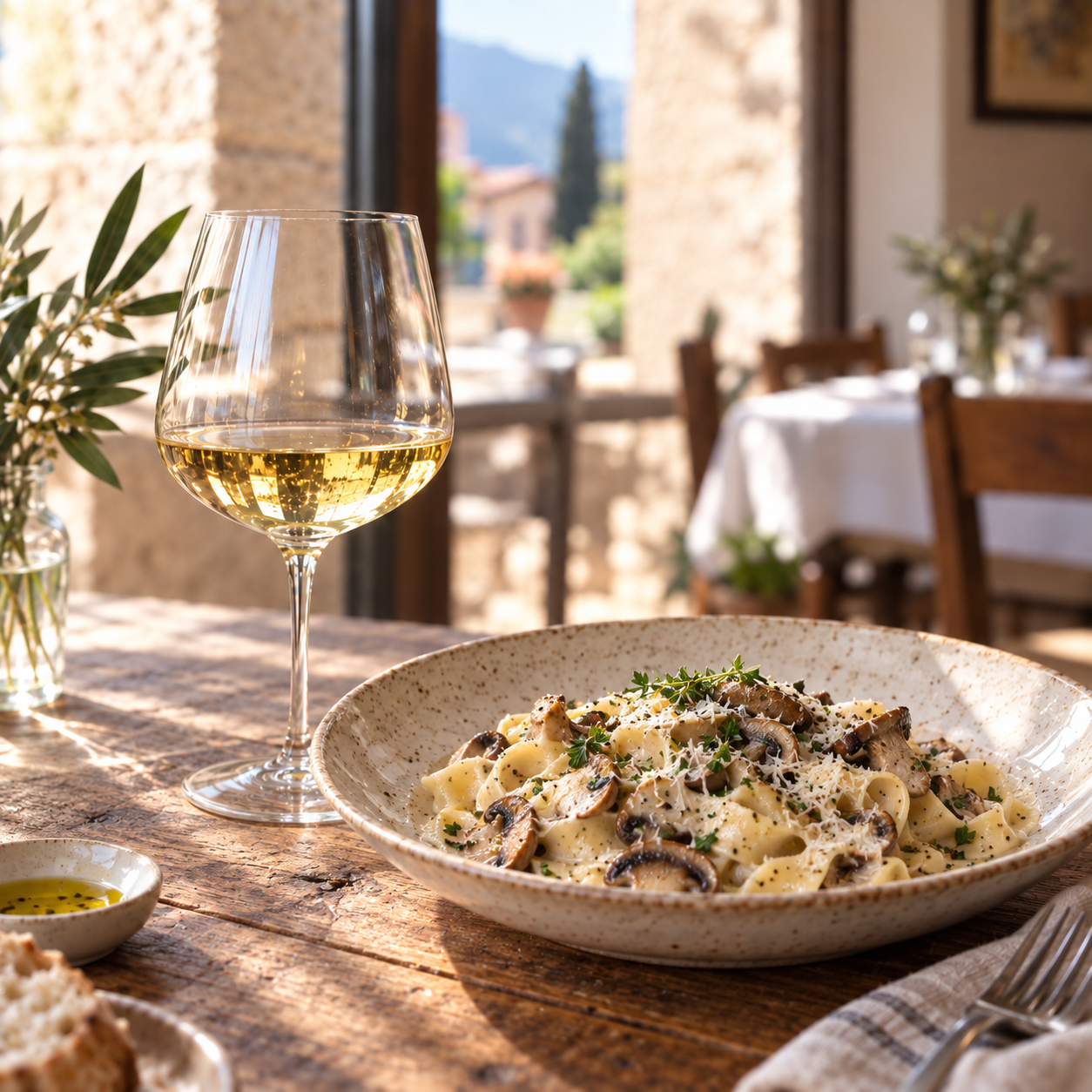 Creamy mushroom pasta with a glass of Chardonnay