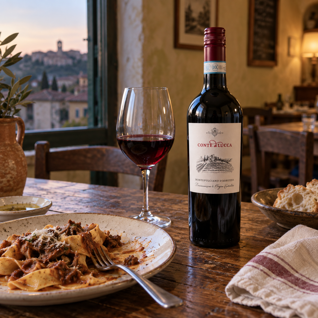 Conte di Lucca Montepulciano d'Abruzzo with an Italian trattoria meal and red wine