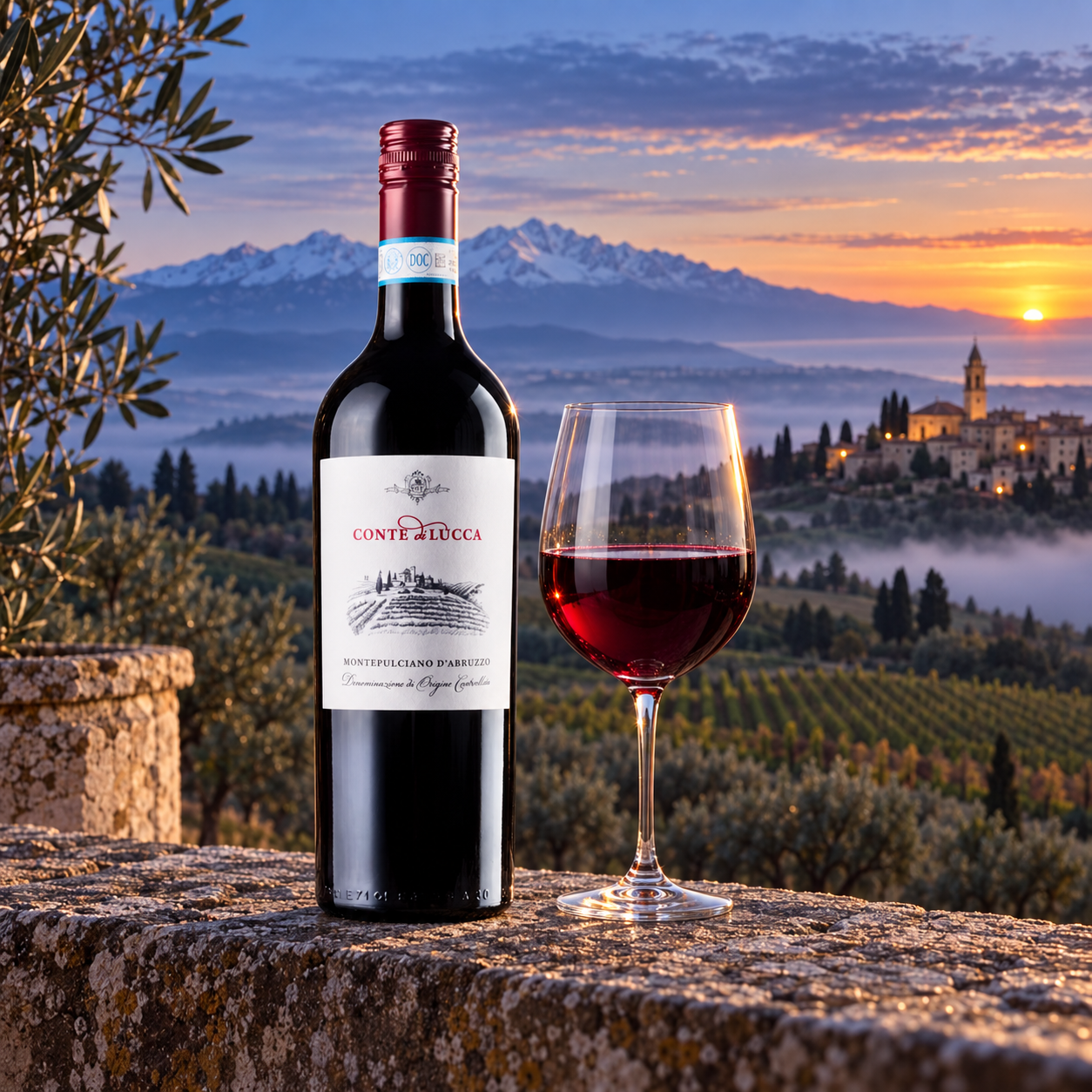 Conte di Lucca Montepulciano d'Abruzzo beside a glass of red wine in the Abruzzo countryside