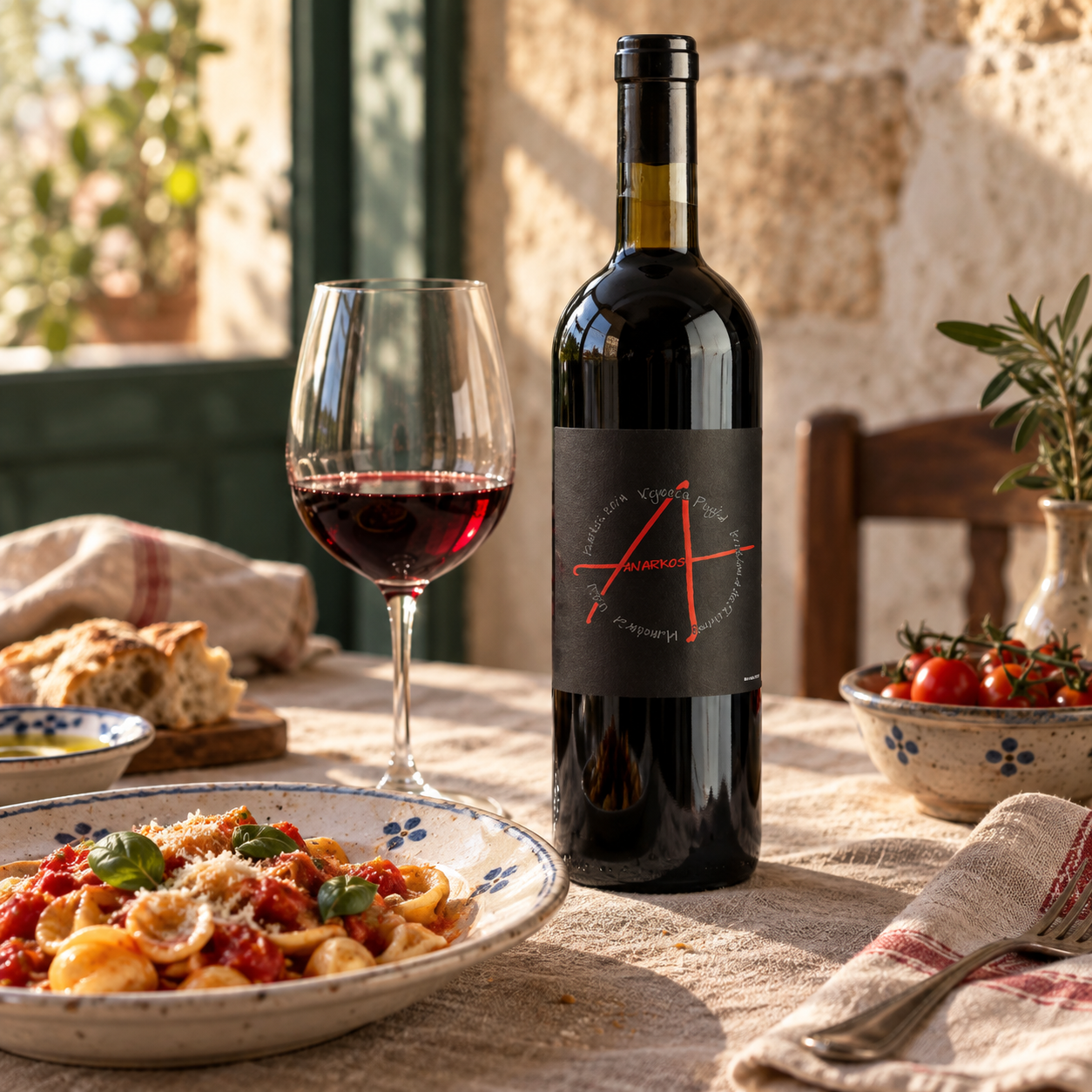 Felline Anarkos with orecchiette at a Puglian table