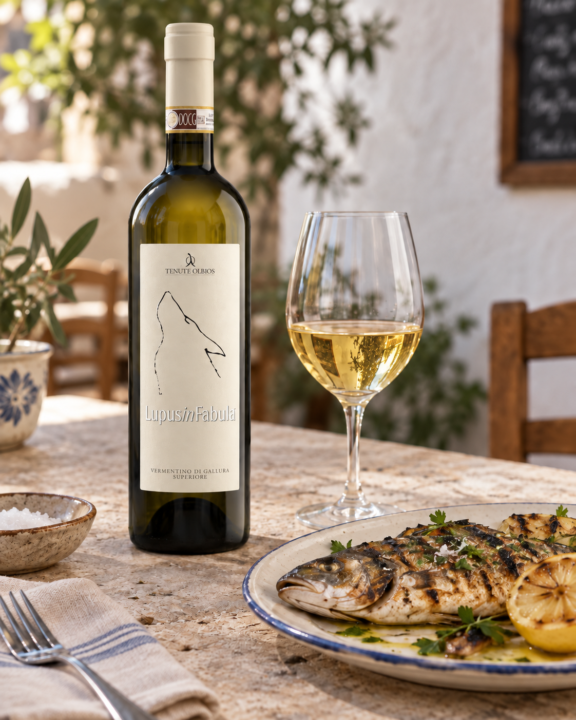 Tenute Olbios Lupus Vermentino with naturally grilled fish and a glass of golden wine