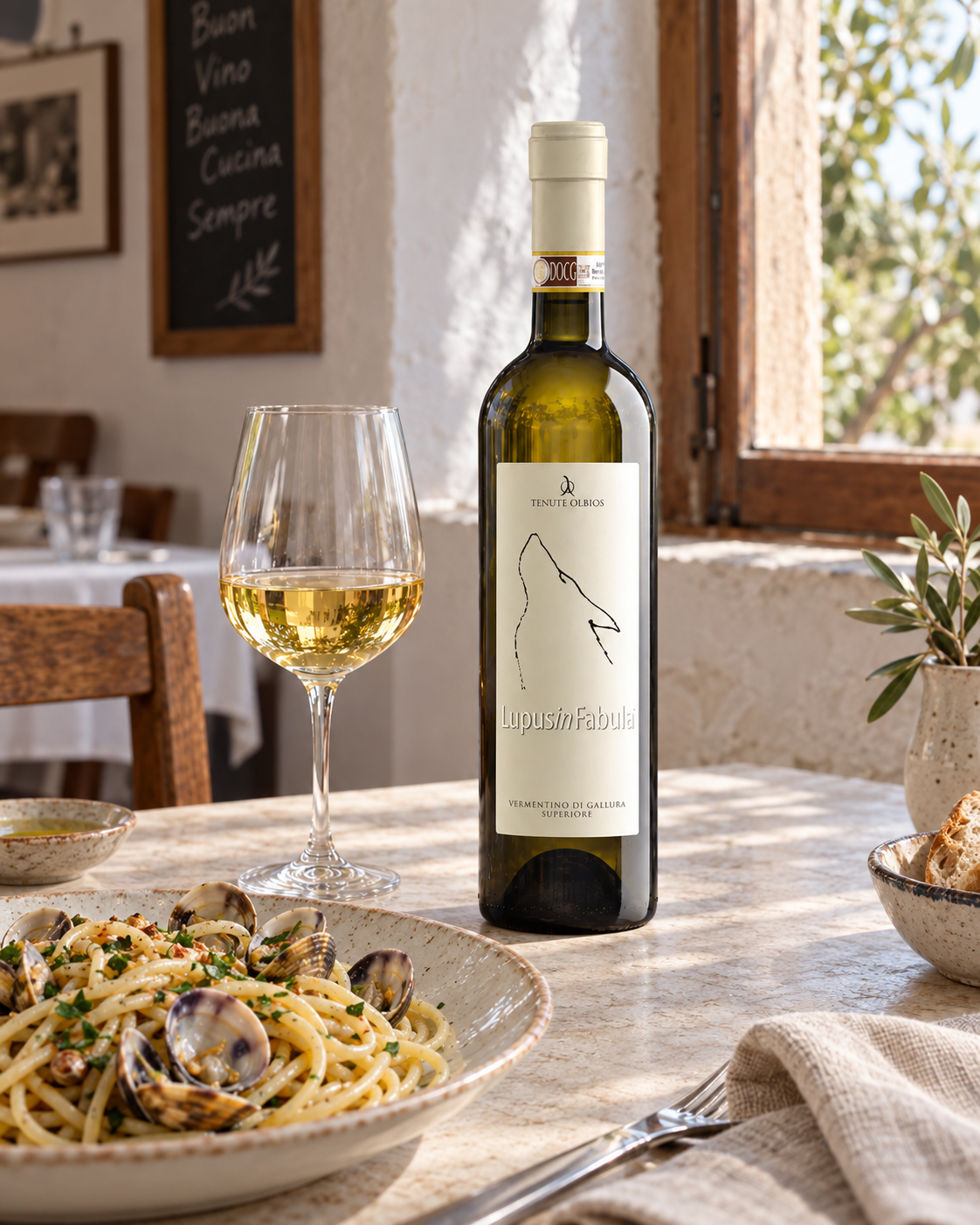 Tenute Olbios Lupus Vermentino with a naturally scaled seafood pasta plate