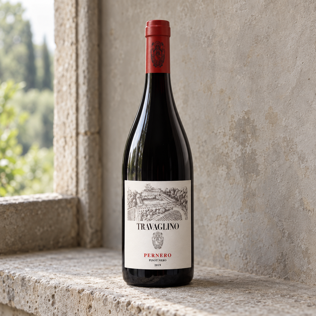 Tenuta Travaglino Pernero Pinot Nero bottle and red wine in a natural Oltrepò Pavese setting