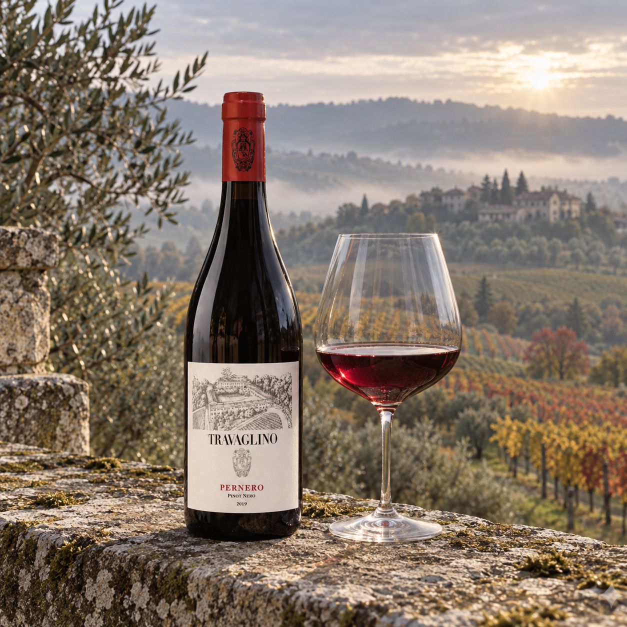 Tenuta Travaglino Pernero Pinot Nero beside a glass of red wine in a misty Lombardy vineyard