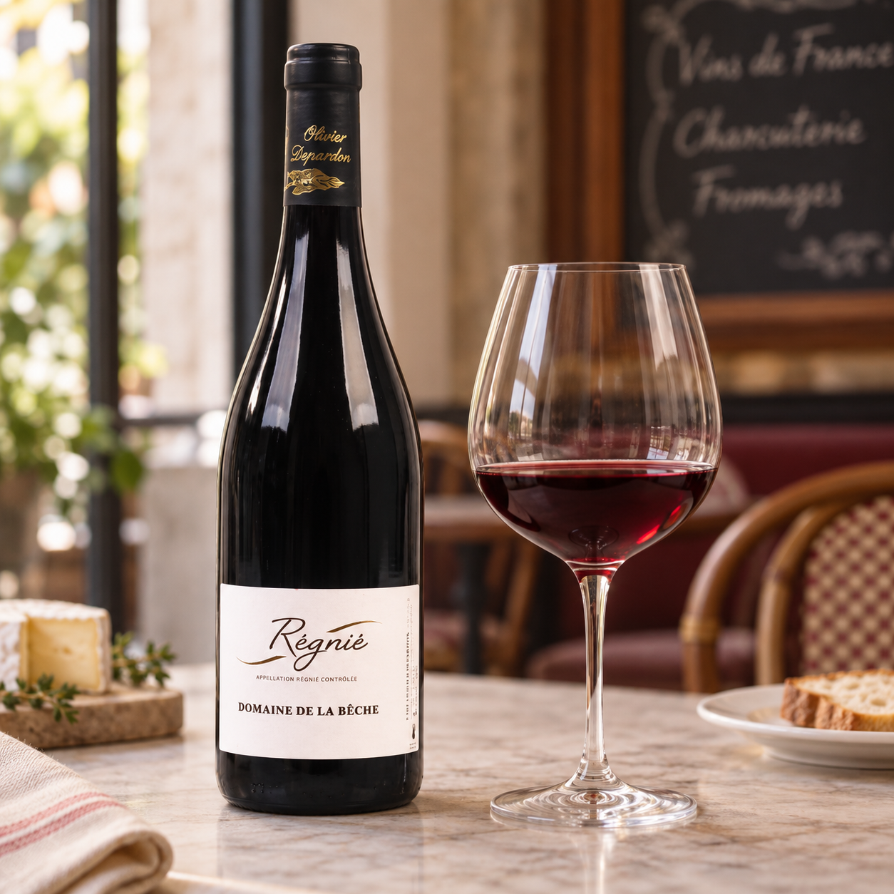 Domaine de la Bêche Régnié with a Burgundy glass