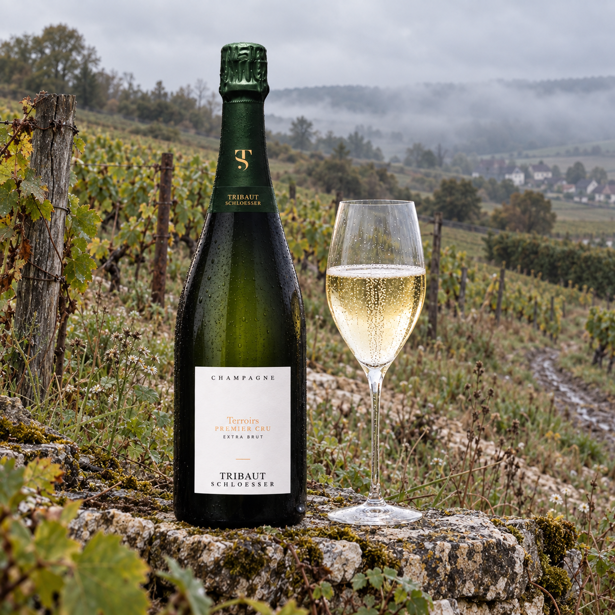 Tribaut-Schloesser bottle and Champagne glass in an irregular grower vineyard
