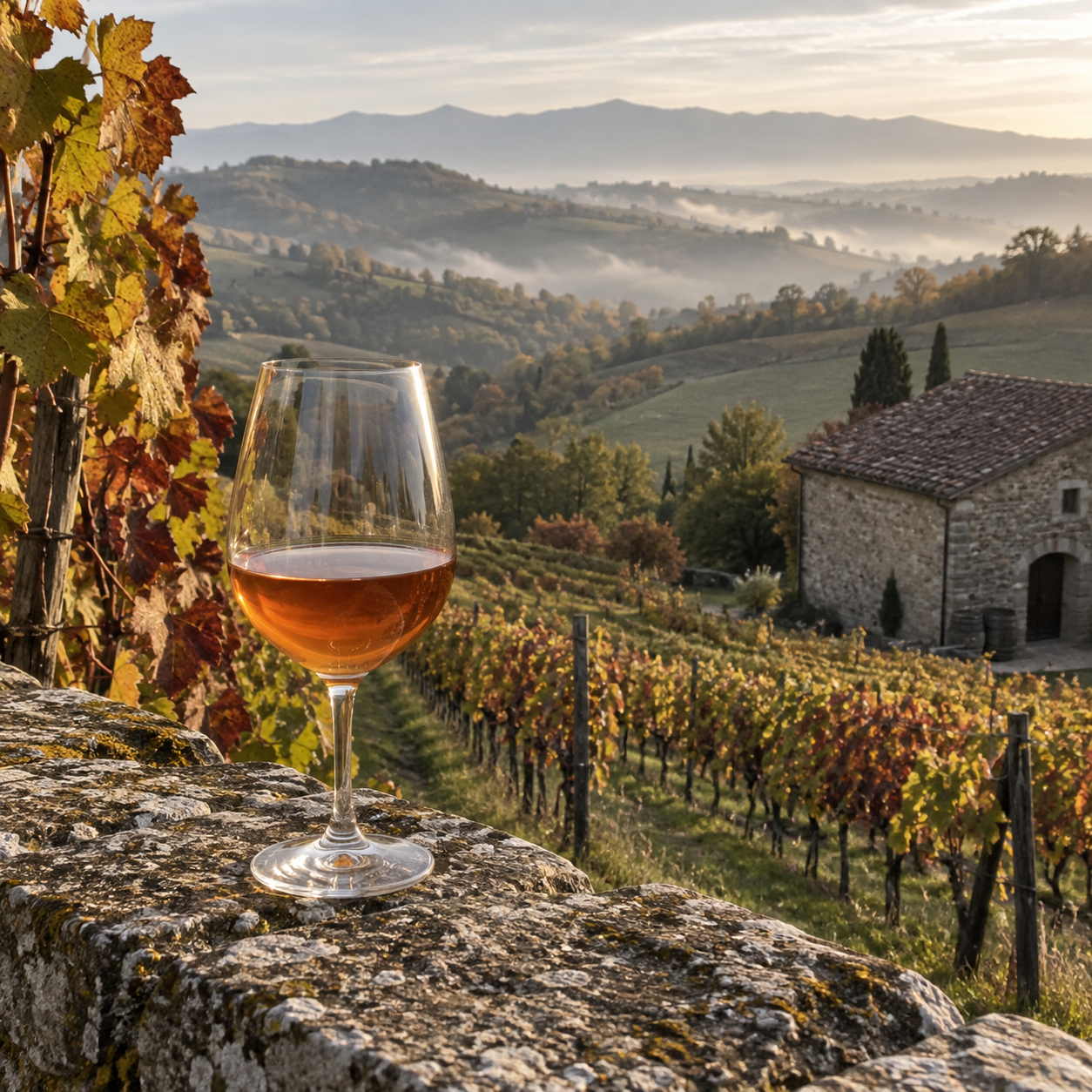 A glass of amber wine overlooking an organic vineyard in the Parma hills