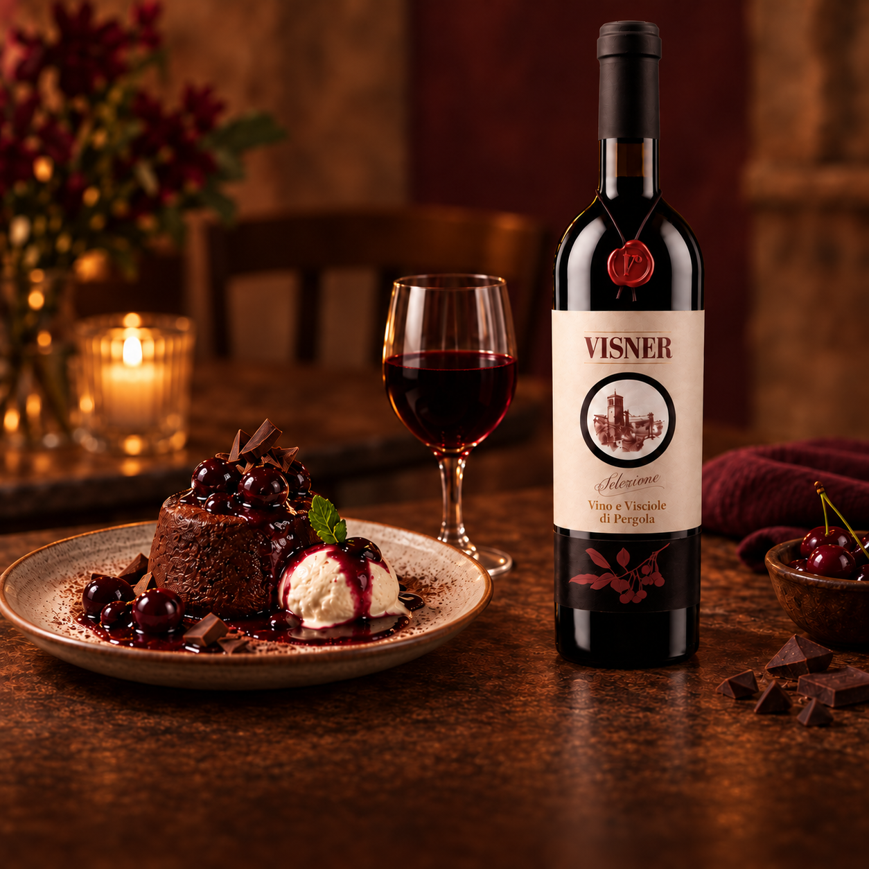 Visner di Pergola with dark chocolate and sour cherry dessert